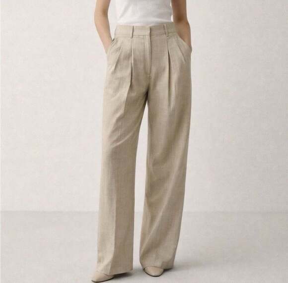 The Frankie Shop Pants - The Frankie Shop Wool Blend Pleated Tailored Trousers Beige Medium